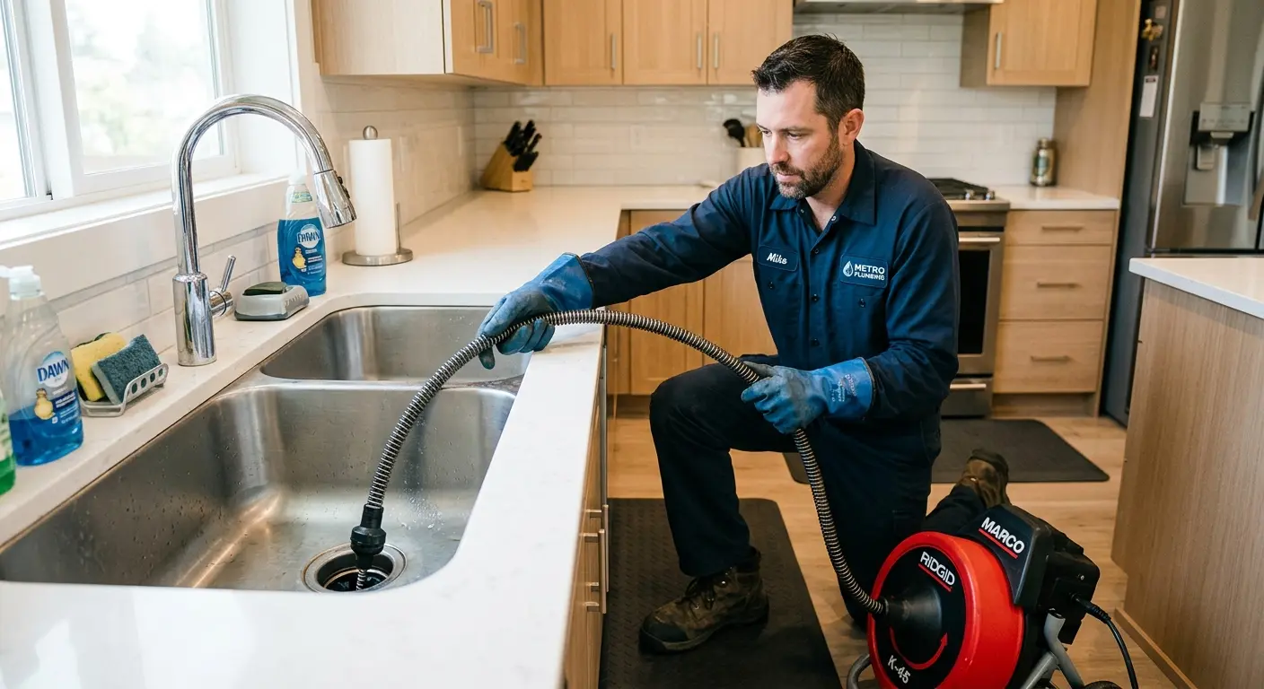 Drain cleaning technician using a motorized snake on a kitchen sink in Willmar