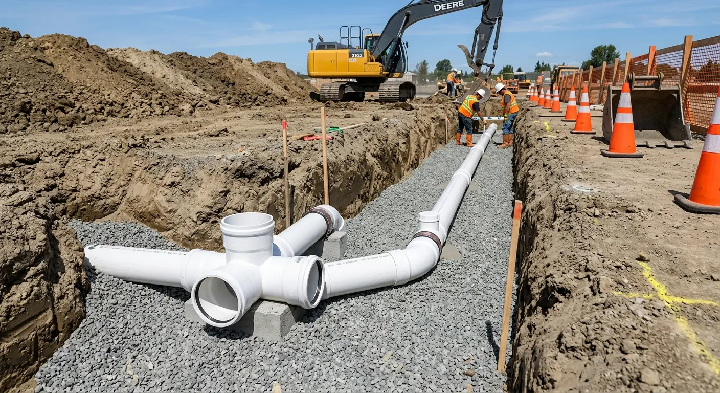 New PVC sewer pipe installation in open trench for Sewer Backup in Willmar