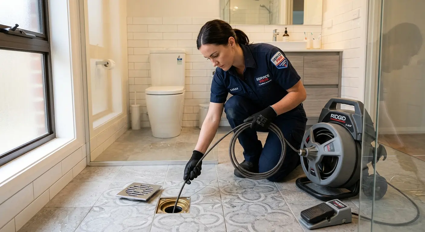 Technician clearing a bathroom floor drain for Drain Cleaning in Willmar